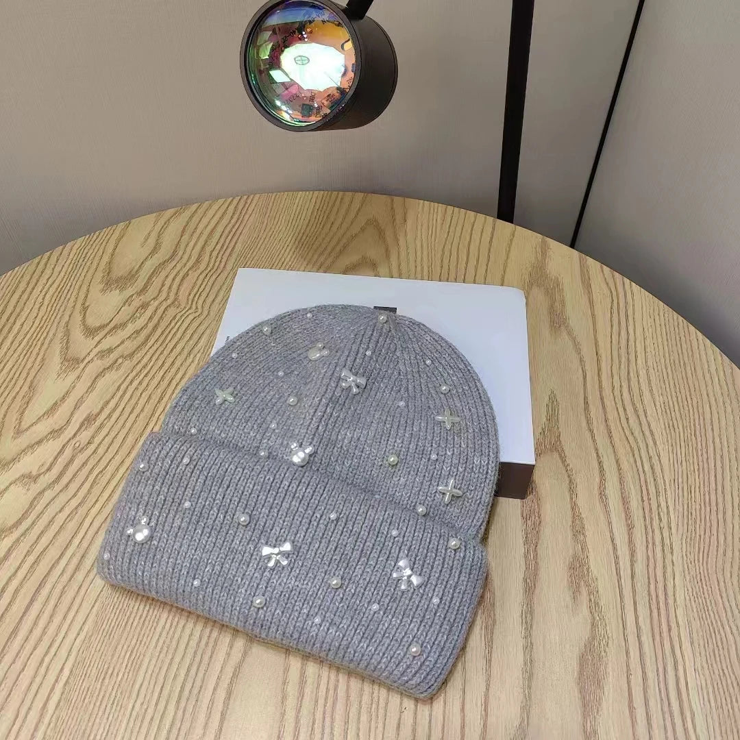 Knitted Winter Hat with Pearl Decoration Wool Felt Women Men Warm Adjustable Cozy Winter Accessory | Sansoti