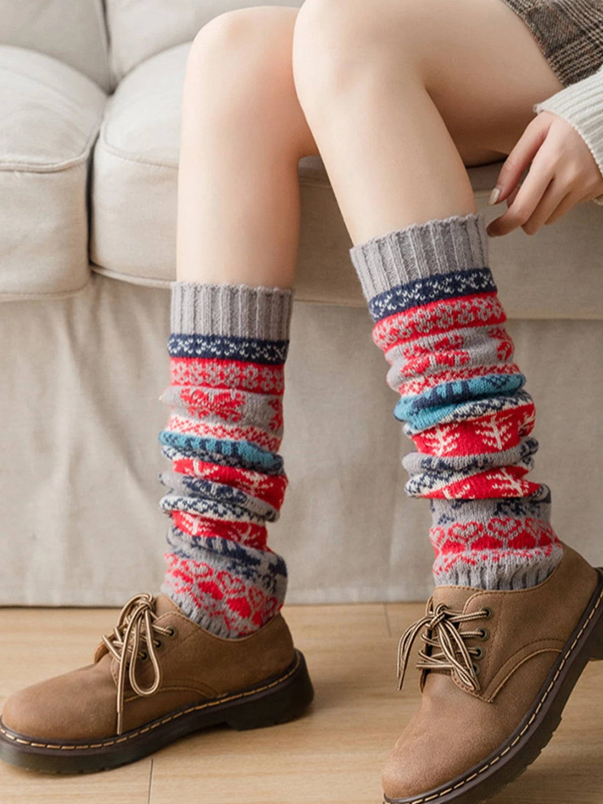 Knitted Leg Warmers for Women Winter Acrylic Long 43cm Snowflake Pattern Flexible Comfortable Warm Cozy | Sansoti