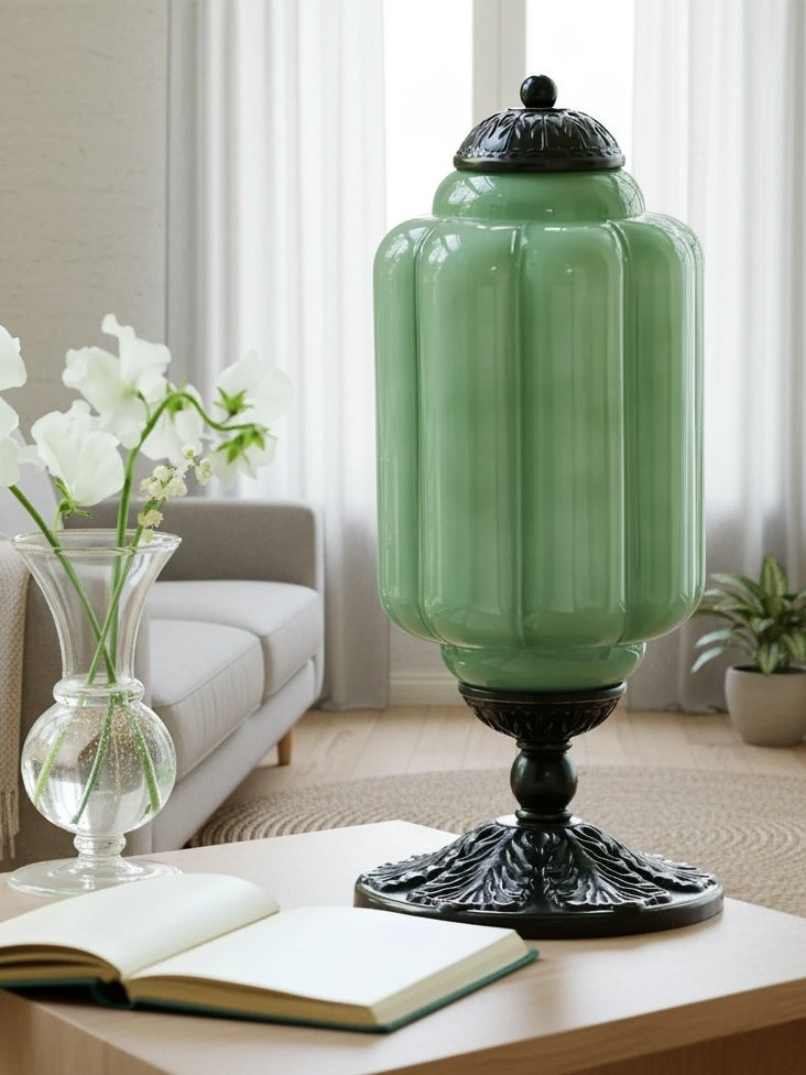 Vintage Glazen Tafellamp met Messing of Zwarte Afwerking | Sansoti