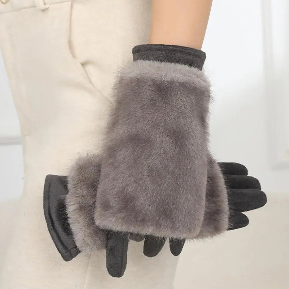 Suede Winter Gloves with Rabbit Fur Touchscreen Fingers Warm Unisex Elegant Gloves for Women and Men | Sansoti