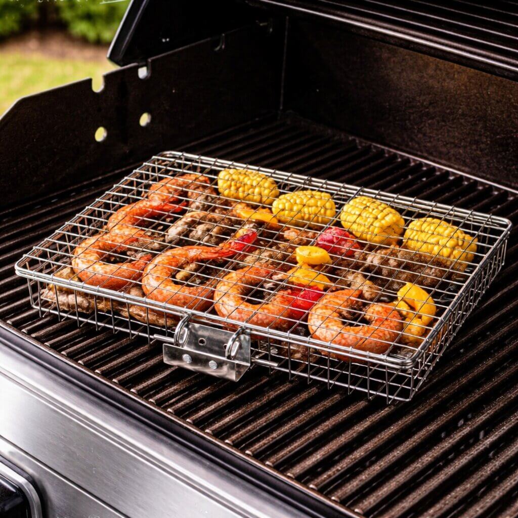 Edelstahl-Grillkorb zum Grillen von Fisch und Gemüse, BBQ-Zubehör für Gartenparty, Camping und Picknick, 33,5x22x29 cm | Sansoti
