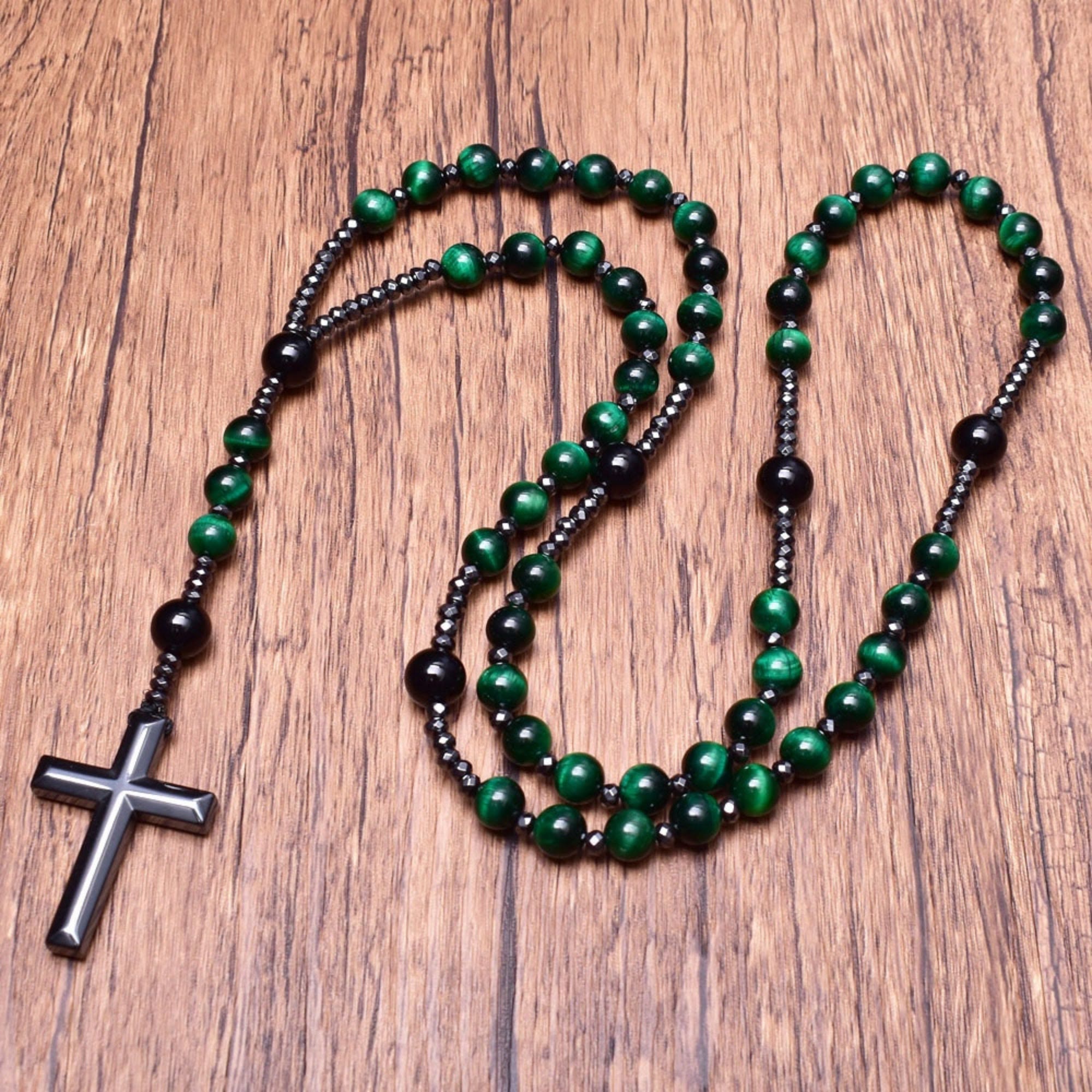 Natuursteen Rozenkrans Ketting met Kruis Hanger voor Mannen Zwart Blauw Groen Grijs | Sansoti