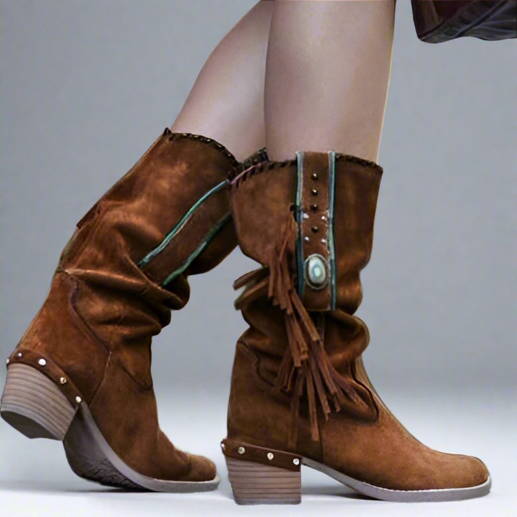 Bottes mi-hautes à franges pour femme, marron, noires ou beiges, style bohème, pour l’automne et l’hiver, aspect daim, style western | Sansoti