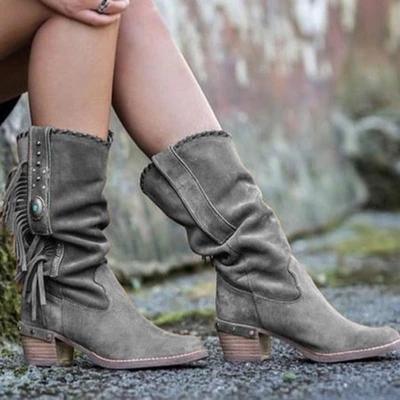 Bottes mi-hautes à franges pour femme, marron, noires ou beiges, style bohème, pour l’automne et l’hiver, aspect daim, style western | Sansoti