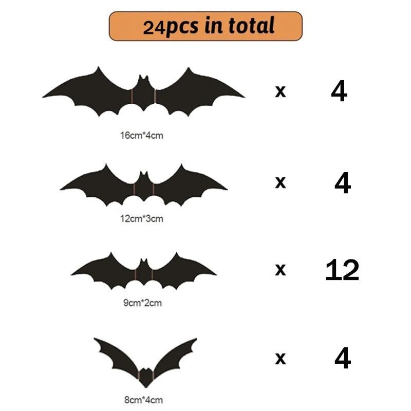 3D-Fledermaus-Wanddekoration aus PVC, 12-48 Stück, Halloween-Wandaufkleber für drinnen und draußen, Partydekoration für Innenräume | Sansoti
