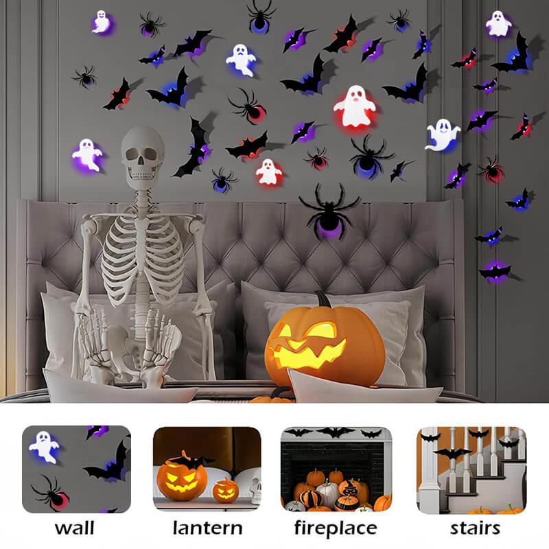 Beleuchtetes Wanddekorationsset, 104-teilig, Fledermäuse, Spinnen, Gespenster, Halloween, Gruselfest, Feiertage, Hausdekoration | Sansoti