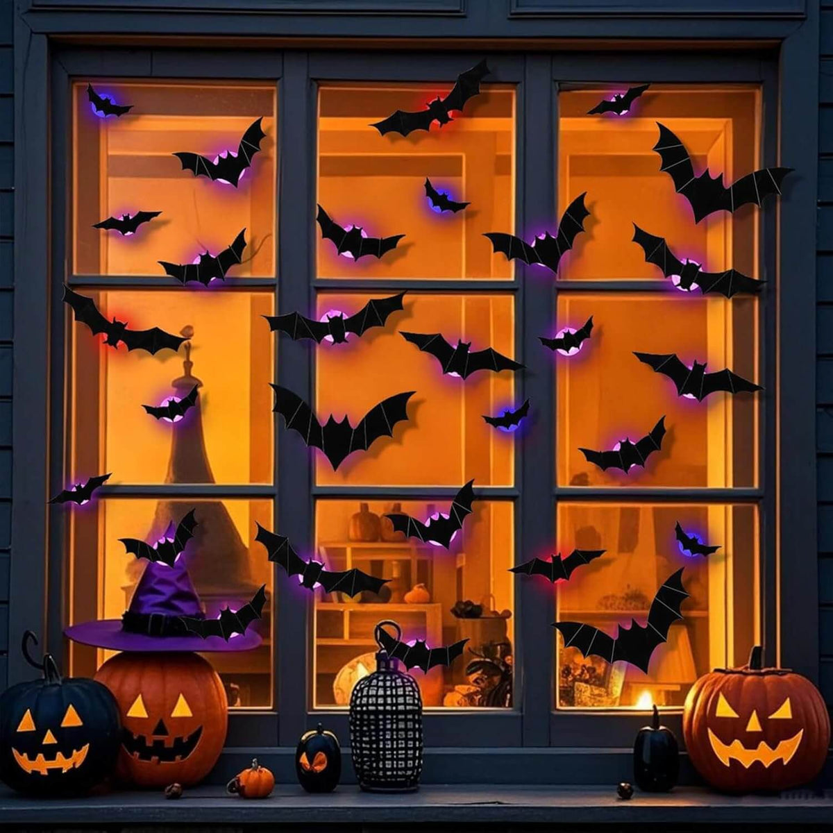 Beleuchtetes Wanddekorationsset, 104-teilig, Fledermäuse, Spinnen, Gespenster, Halloween, Gruselfest, Feiertage, Hausdekoration | Sansoti