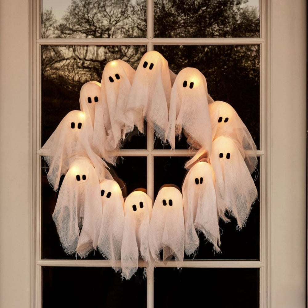 Beleuchteter Halloween-Kranz mit 12 Gespenstern und LED-Beleuchtung für Tür, Wand und Fenster, Party- und Festdekoration | Sansoti