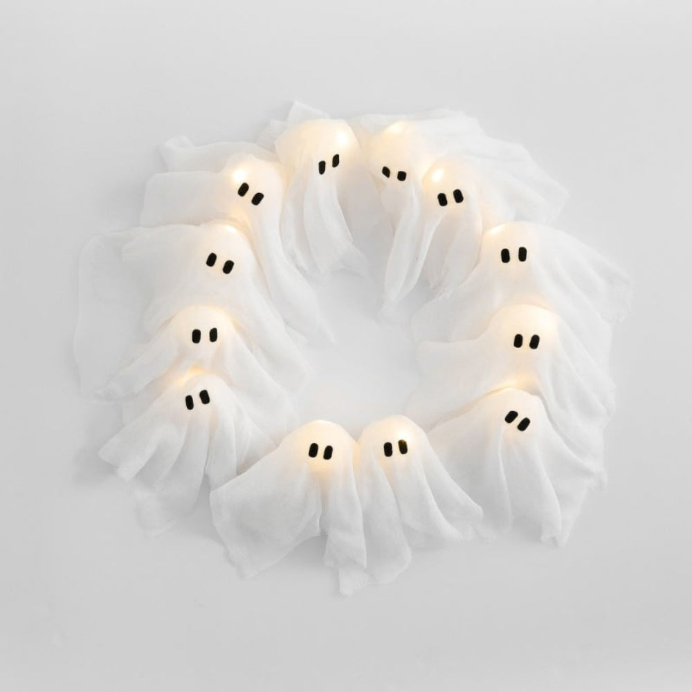 Beleuchteter Halloween-Kranz mit 12 Gespenstern und LED-Beleuchtung für Tür, Wand und Fenster, Party- und Festdekoration | Sansoti