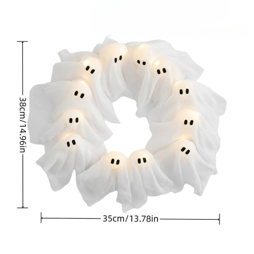 Beleuchteter Halloween-Kranz mit 12 Gespenstern und LED-Beleuchtung für Tür, Wand und Fenster, Party- und Festdekoration | Sansoti