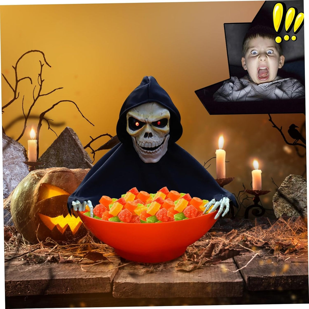 Interaktive Süßigkeitenschale Halloween-Dekoration mit Ton und Licht, gruselige Kürbis-Festdekoration, Süßes oder Saures | Sansoti