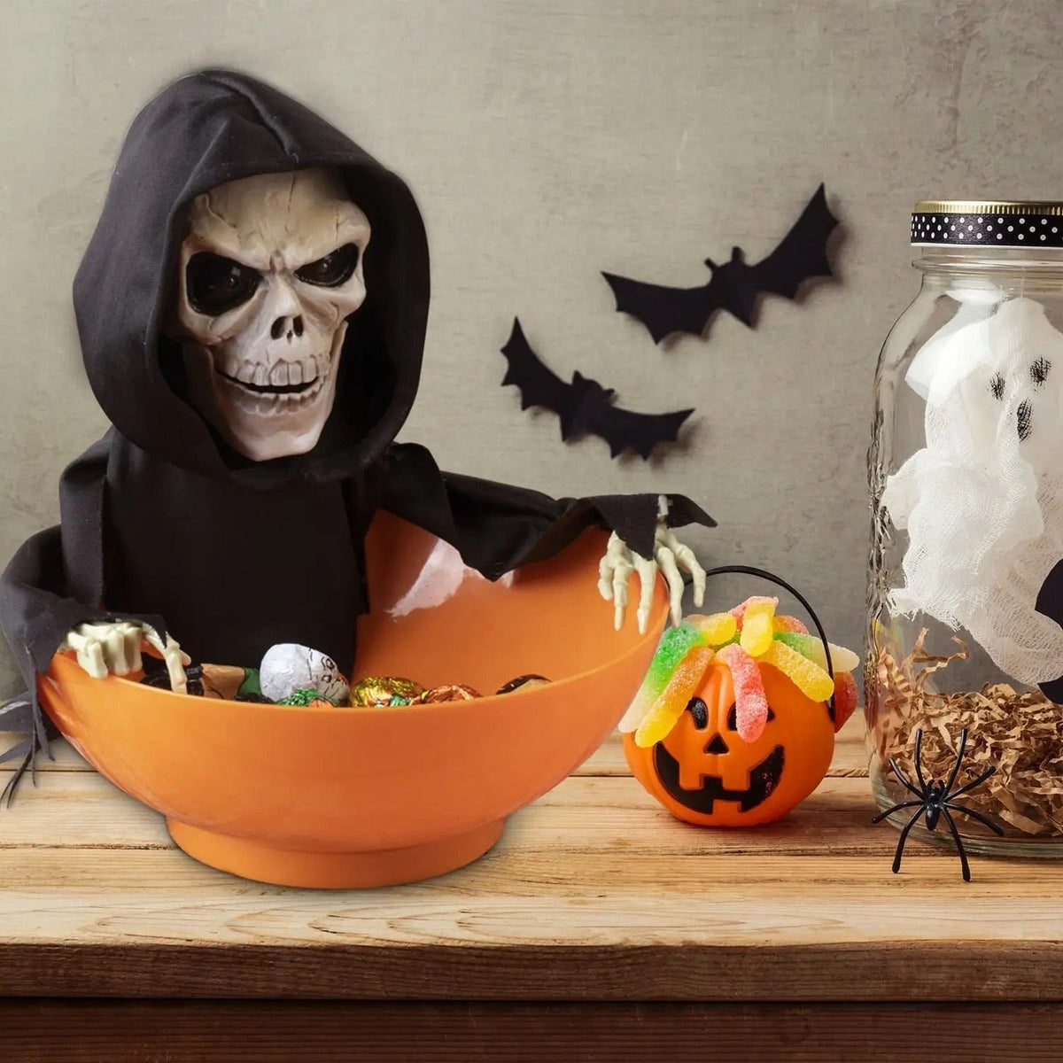 Interaktive Süßigkeitenschale Halloween-Dekoration mit Ton und Licht, gruselige Kürbis-Festdekoration, Süßes oder Saures | Sansoti