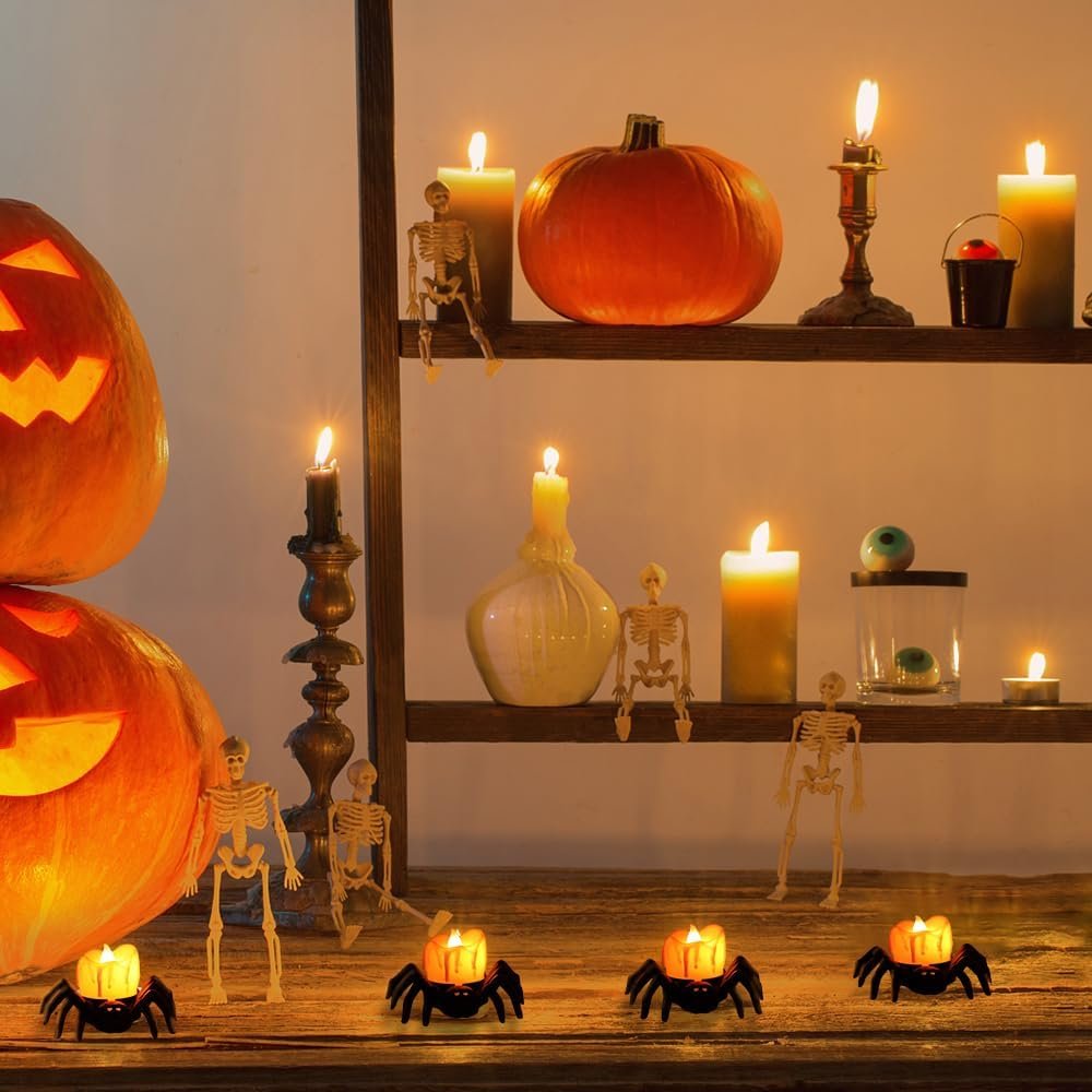 Photophore LED en forme d’araignée Décoration d’Halloween Lumière orange Lampe de table sans flamme Décoration d’ambiance Effrayante | Sansoti