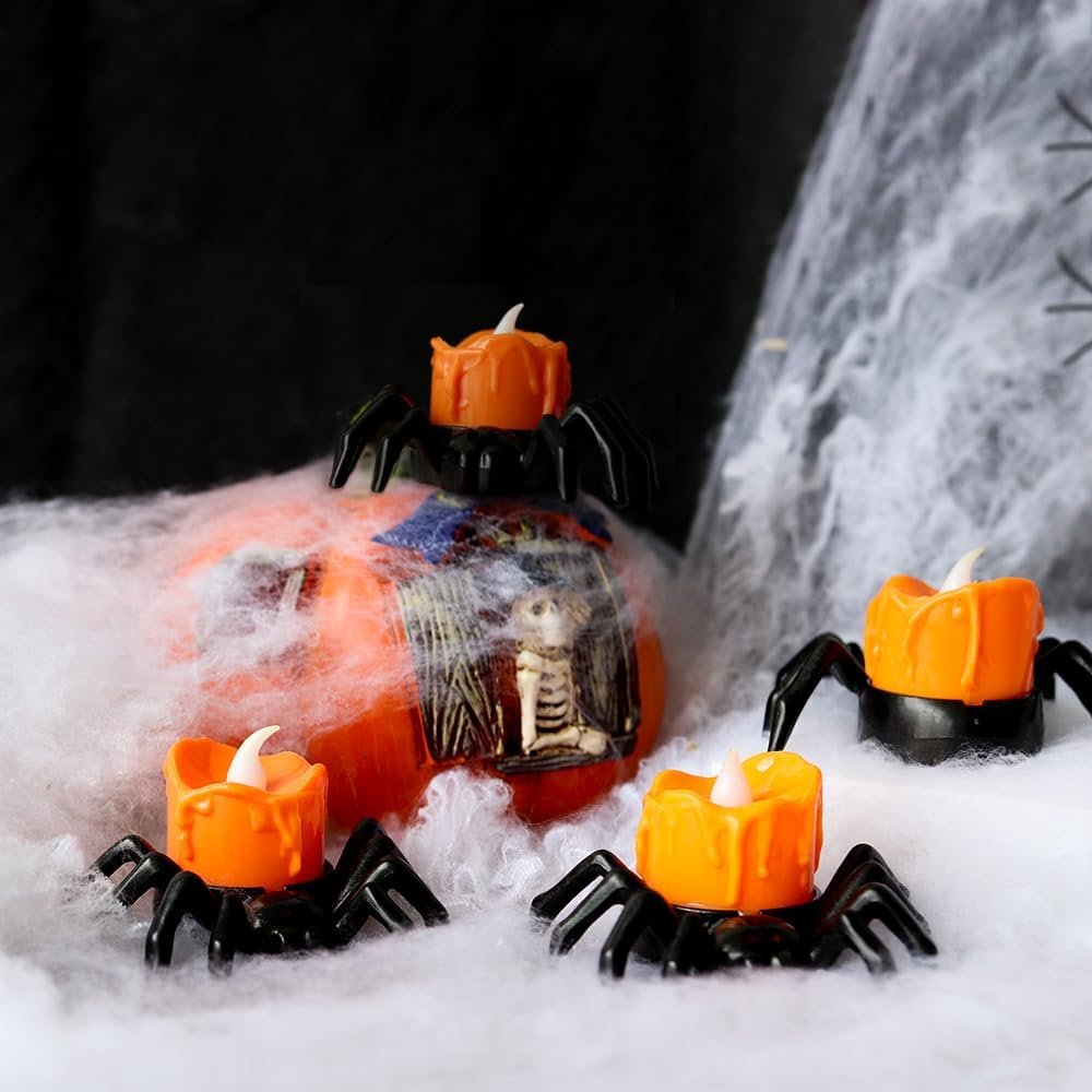 Photophore LED en forme d’araignée Décoration d’Halloween Lumière orange Lampe de table sans flamme Décoration d’ambiance Effrayante | Sansoti