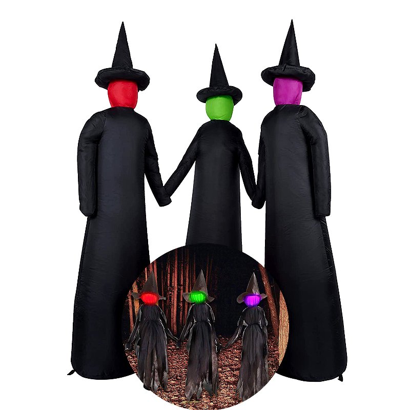 Aufblasbare Hexen mit leuchtenden Köpfen und Geräuschsensor für Halloween-Gartendekoration im Außenbereich | Sansoti