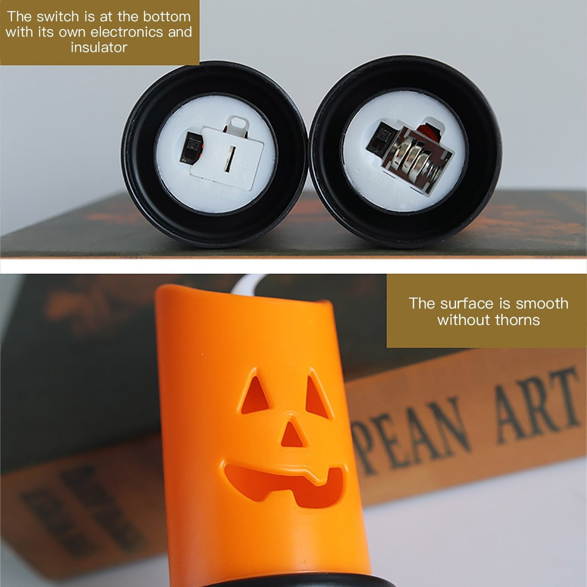 Świeca LED w kształcie dyni z upiorną twarzą do dekoracji na Halloween, bezpieczna i nastrojowa, na baterie, lampka tealight do nastrojowego oświetlenia | Sansoti