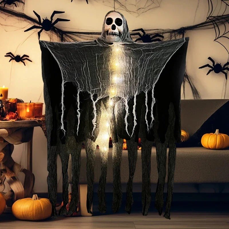 Podświetlana wisząca dekoracja w kształcie czaszki z LED, duch do wnętrz i na zewnątrz, dekoracja na imprezę halloweenową, upiorny klimat | Sansoti