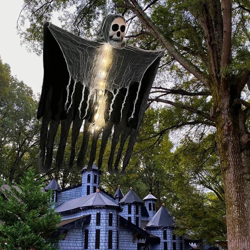 Podświetlana wisząca dekoracja w kształcie czaszki z LED, duch do wnętrz i na zewnątrz, dekoracja na imprezę halloweenową, upiorny klimat | Sansoti