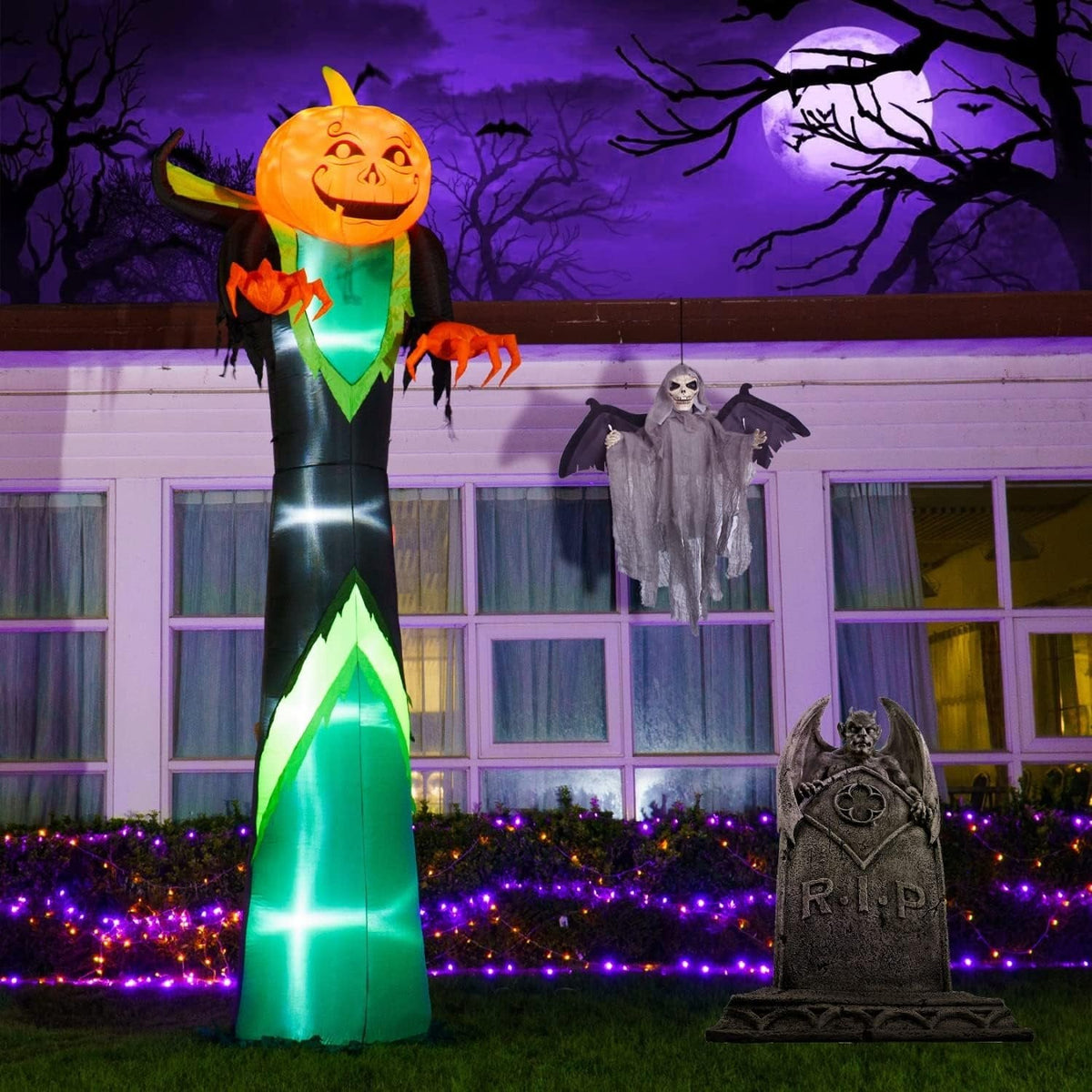 Opblaasbare pompoen met LED-verlichting 370 cm Halloween tuindecoratie sfeerverlichting tuin outdoor | Sansoti