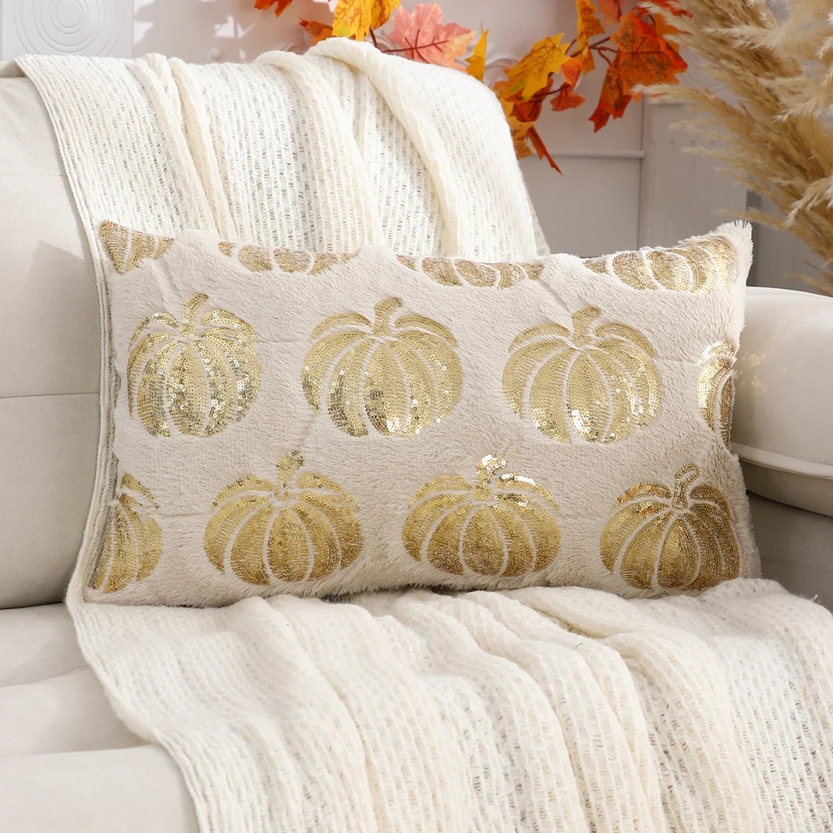 Pumpkin Cushion Cover with Sequins and Zipper Orange Beige White Decorative Autumn Theme Living Room Bedroom | Sansoti