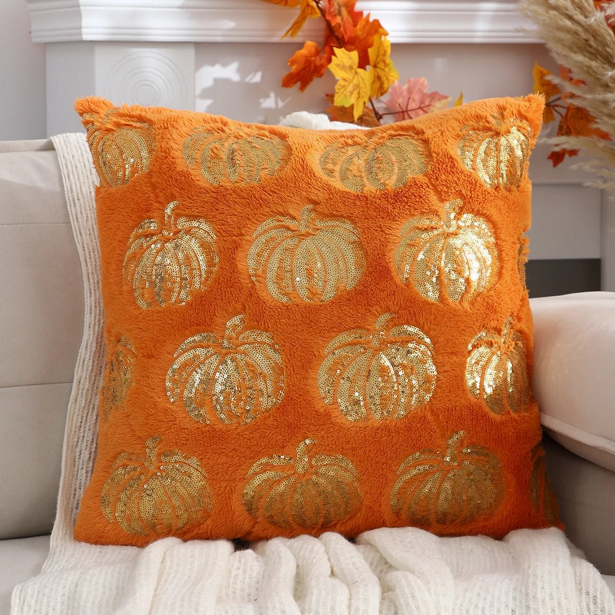 Pumpkin Cushion Cover with Sequins and Zipper Orange Beige White Decorative Autumn Theme Living Room Bedroom | Sansoti
