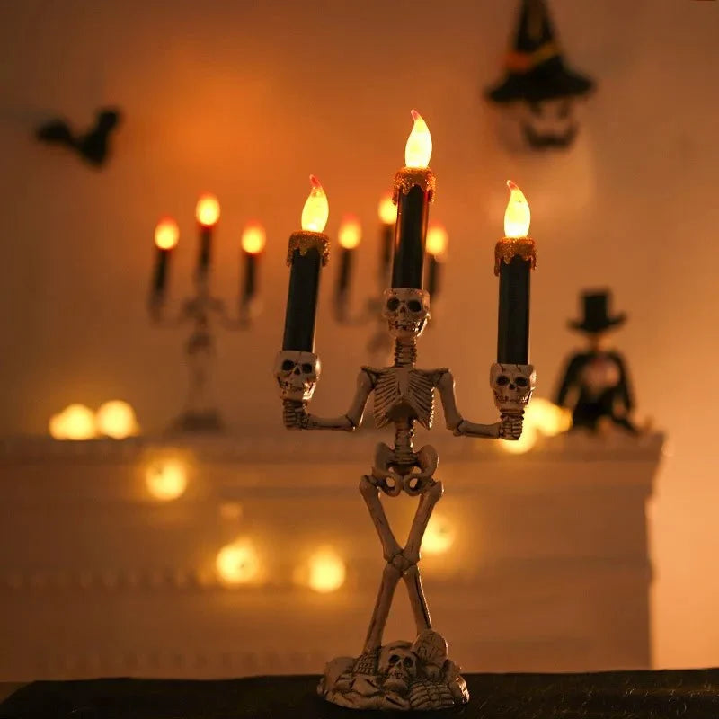 Gothic Skull Candle Holder LED Three-Headed Resin Art Halloween Decoration Skeleton Table Ornament Mood Lighting | Sansoti
