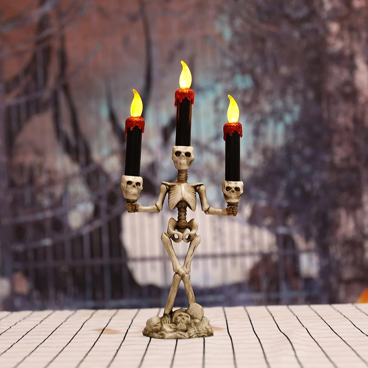 Gothic Skull Candle Holder LED Three-Headed Resin Art Halloween Decoration Skeleton Table Ornament Mood Lighting | Sansoti