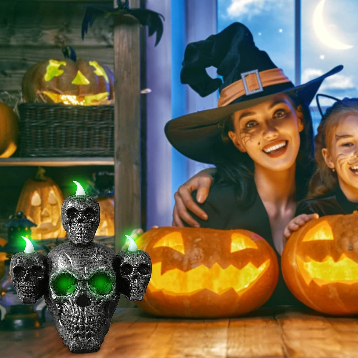 LED Skull Lamp Decoration Halloween Party Battery-Powered Ambient Lighting Spooky Theme Table Lamp Mood Light | Sansoti