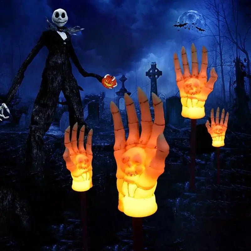 Solar-Bodenstrahler in Form einer Skelett­hand, Halloween-Gartenbeleuchtung, Gruselthema, dekorative Außenbeleuchtung für den Garten | Sansoti