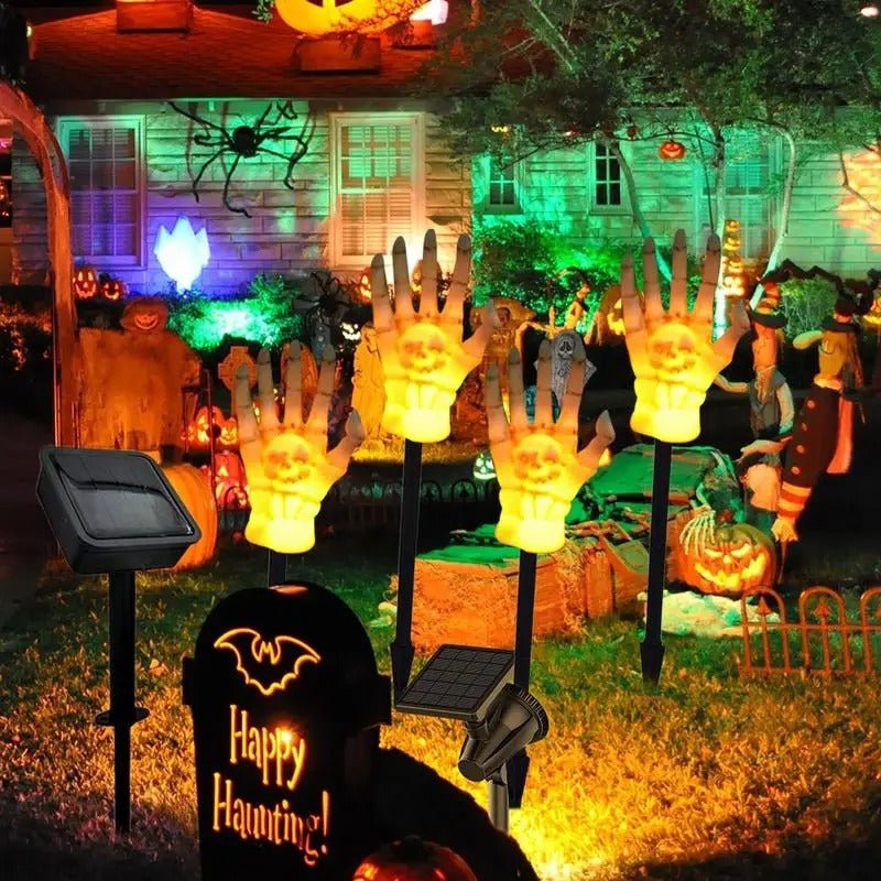 Solar-Bodenstrahler in Form einer Skelett­hand, Halloween-Gartenbeleuchtung, Gruselthema, dekorative Außenbeleuchtung für den Garten | Sansoti
