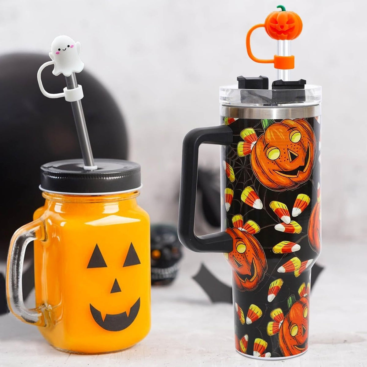 Silicone Straw Toppers Halloween 10mm - 5 Pieces Reusable Toppers for Drinking Cups Bottles and Smoothies | Sansoti