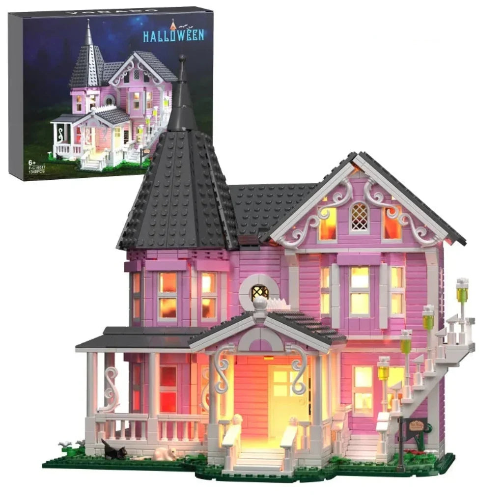 Verlicht Halloween Bouwblokkenset 1349 Stuks Decoratief Spookhuis Met LED Verlichting Display Interieur | Sansoti