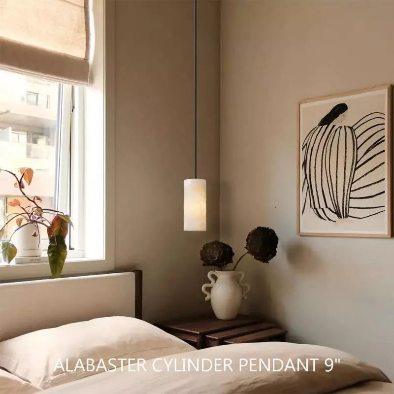 Suspension cylindrique en pierre naturelle Albâtre sculpté à la main Métal E26 Lumière chaleureuse Salle à manger Chambre | Sansoti