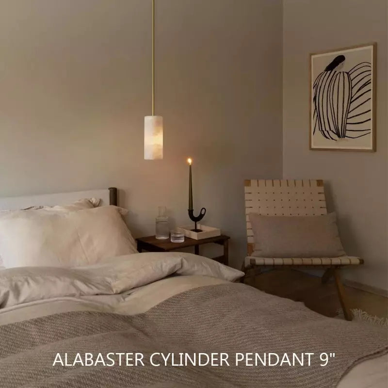Suspension cylindrique en pierre naturelle Albâtre sculpté à la main Métal E26 Lumière chaleureuse Salle à manger Chambre | Sansoti