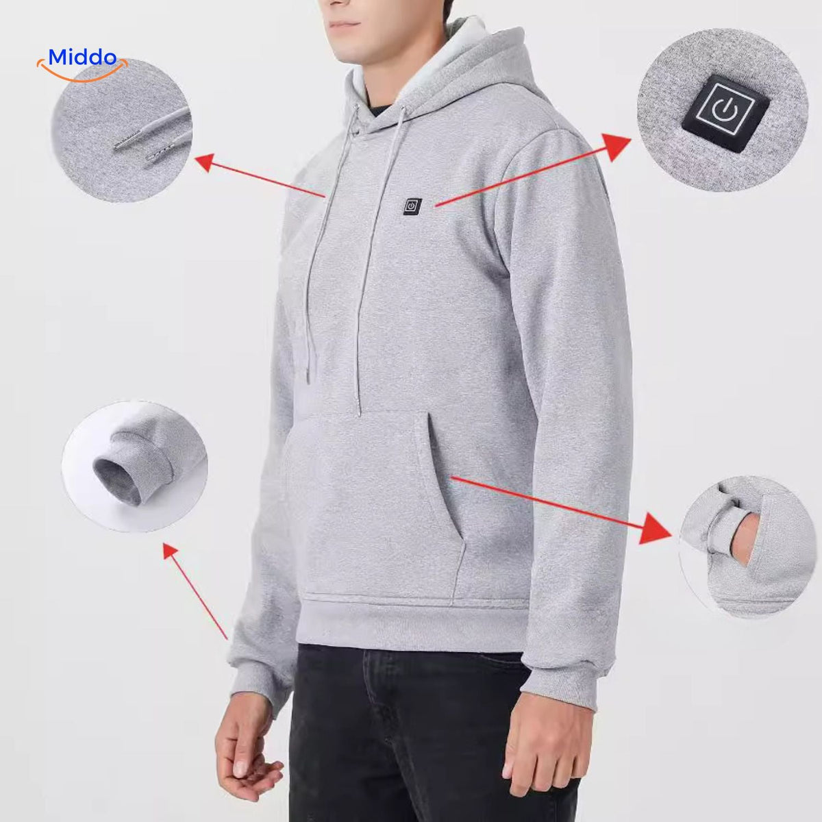 Beheizter Hoodie mit USB-Powerbank, 3 Wärmestufen, für drinnen und draußen, elastisch, bequem, lässig, Unisex-Pullover | Sansoti