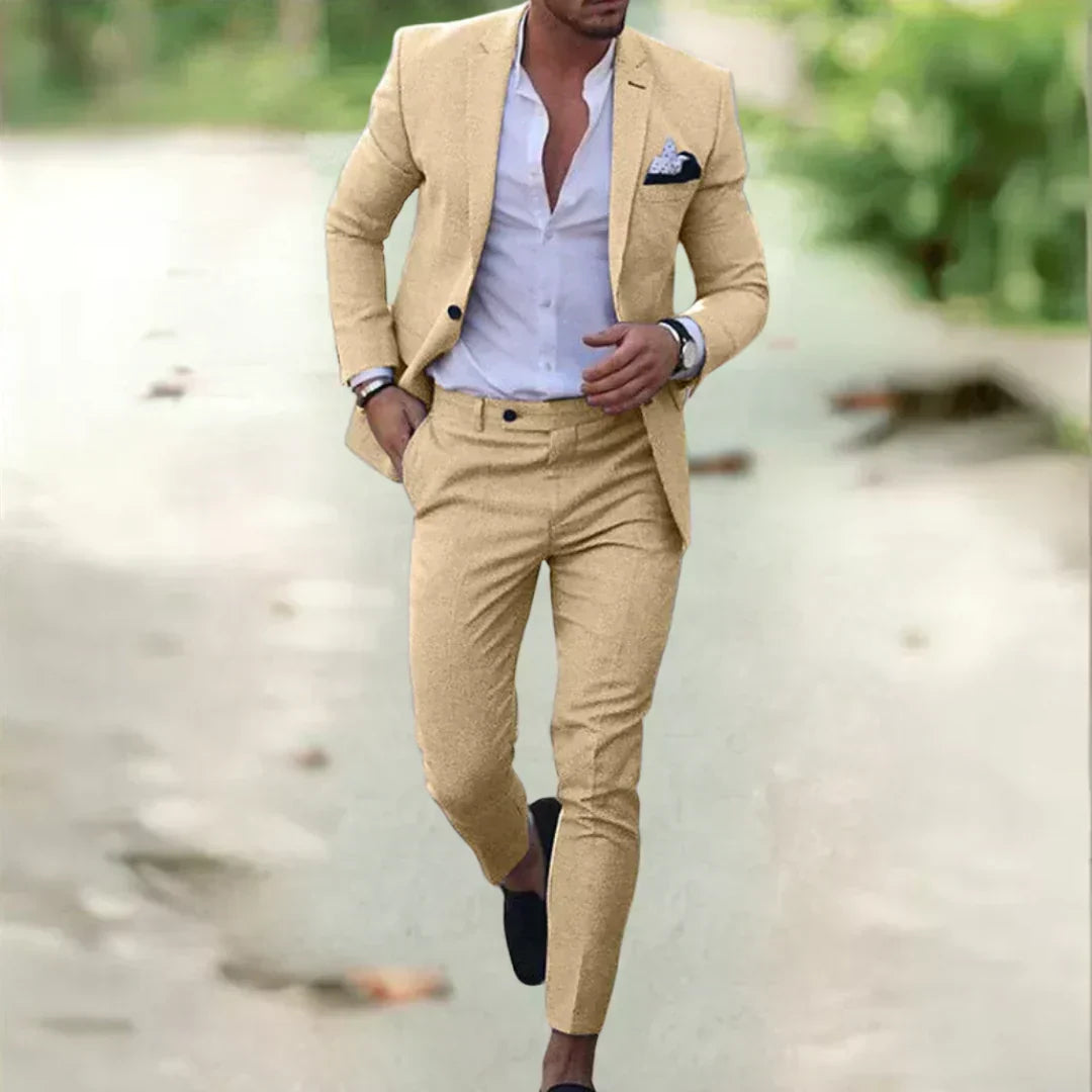 Two-Piece Linen Men's Suit Slim Fit Summer Wedding Business Comfortable Breathable 70% Linen 30% Cotton | Sansoti