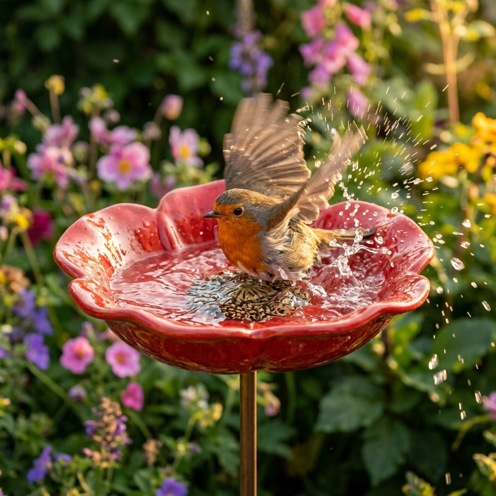 Metalen Klaproos Vogelbad Tuinsteker — Handgevormd Watersieraad voor Vogels, Bijen & Vlinders | Sansoti