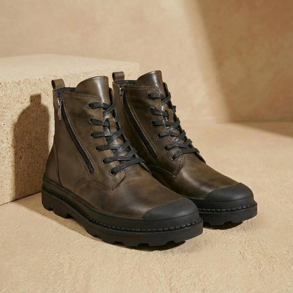 Leather Boots with Fur Lining Vintage Look Zipper Closure Sturdy Rubber Sole Comfortable Winter Women's | Sansoti