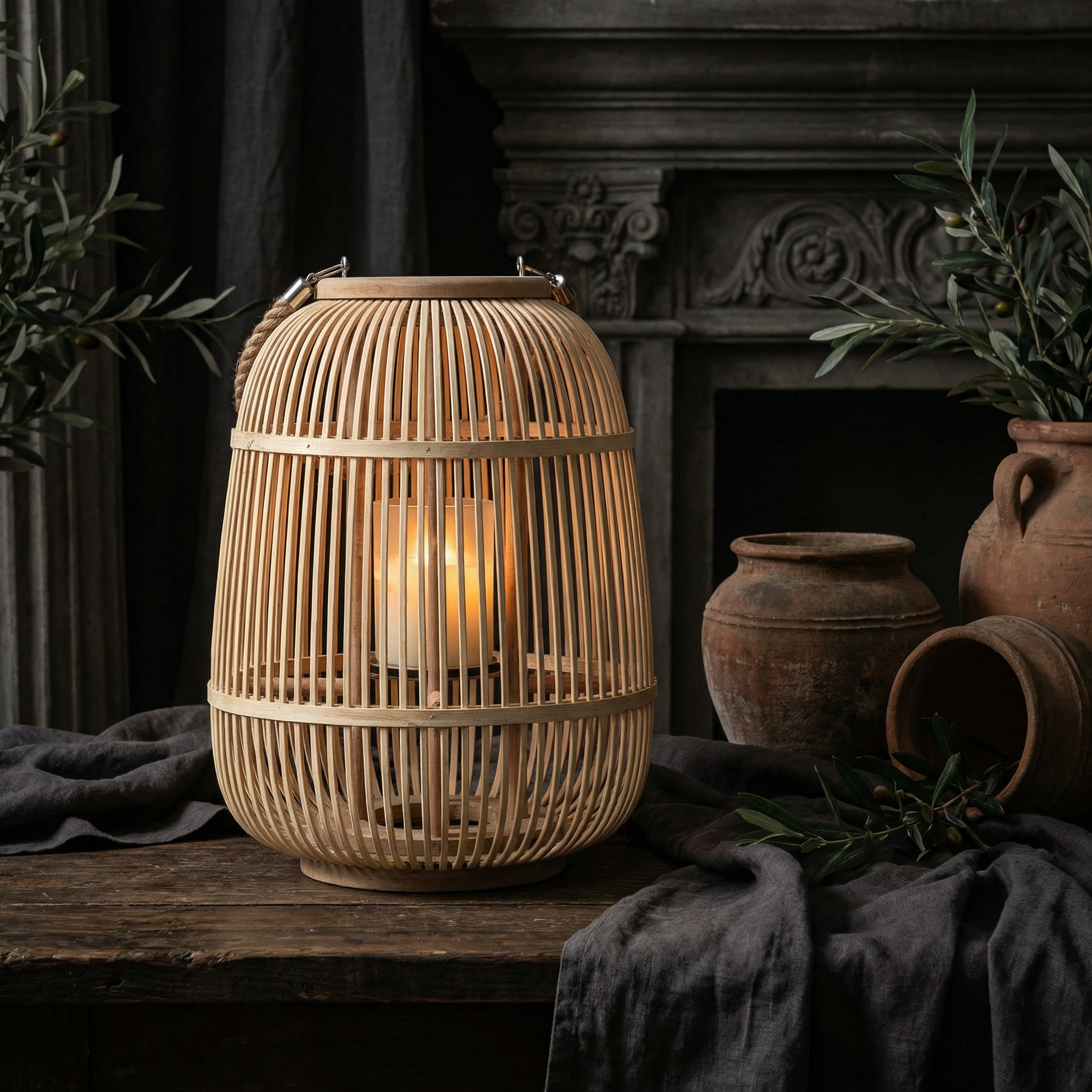 Rotan Lantaarn met Vlamloze Kaars Tuindecoratie LED Verlichting Tuin Balkon Terras Windlicht | Sansoti