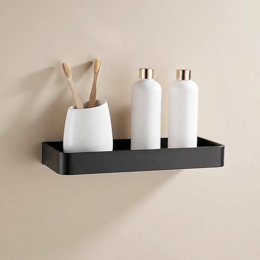 Aluminium Wandrek Mat Zwart 30-60cm met Bevestigingsopties – Multifunctionele Opbergruimte voor Badkamer en Douchezone | Sansoti