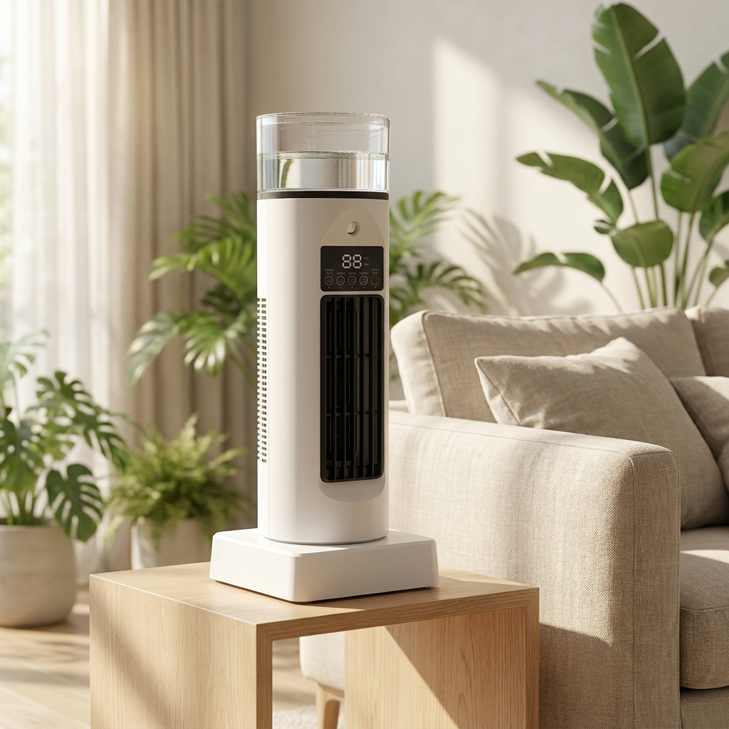 Compacte Bureaukoeler met Luchtbevochtiger 6 Snelheden USB-Ventilator Bladloos Torenmodel LED Kantoor | Sansoti