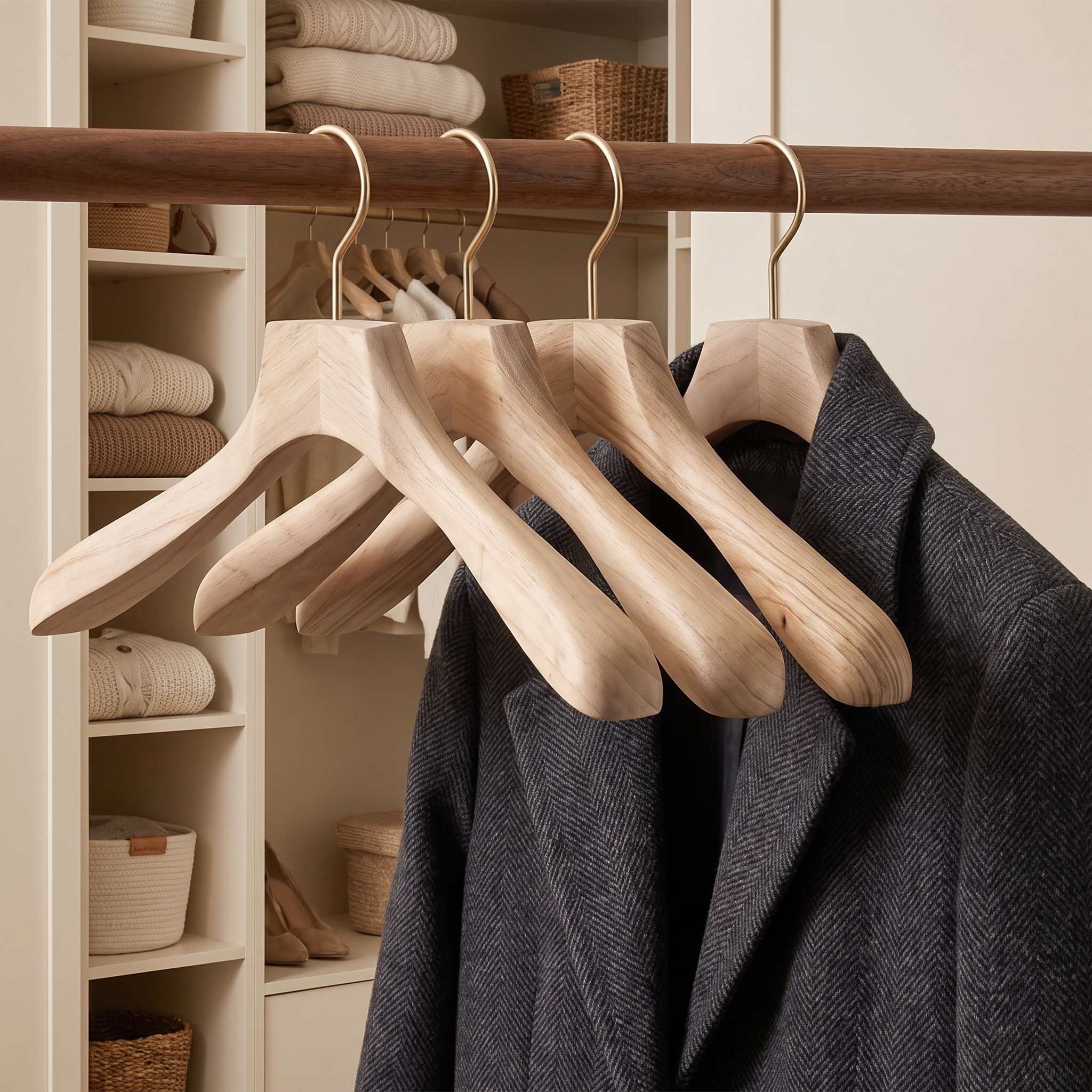 Houten jassenhanger met winterjas in de kast