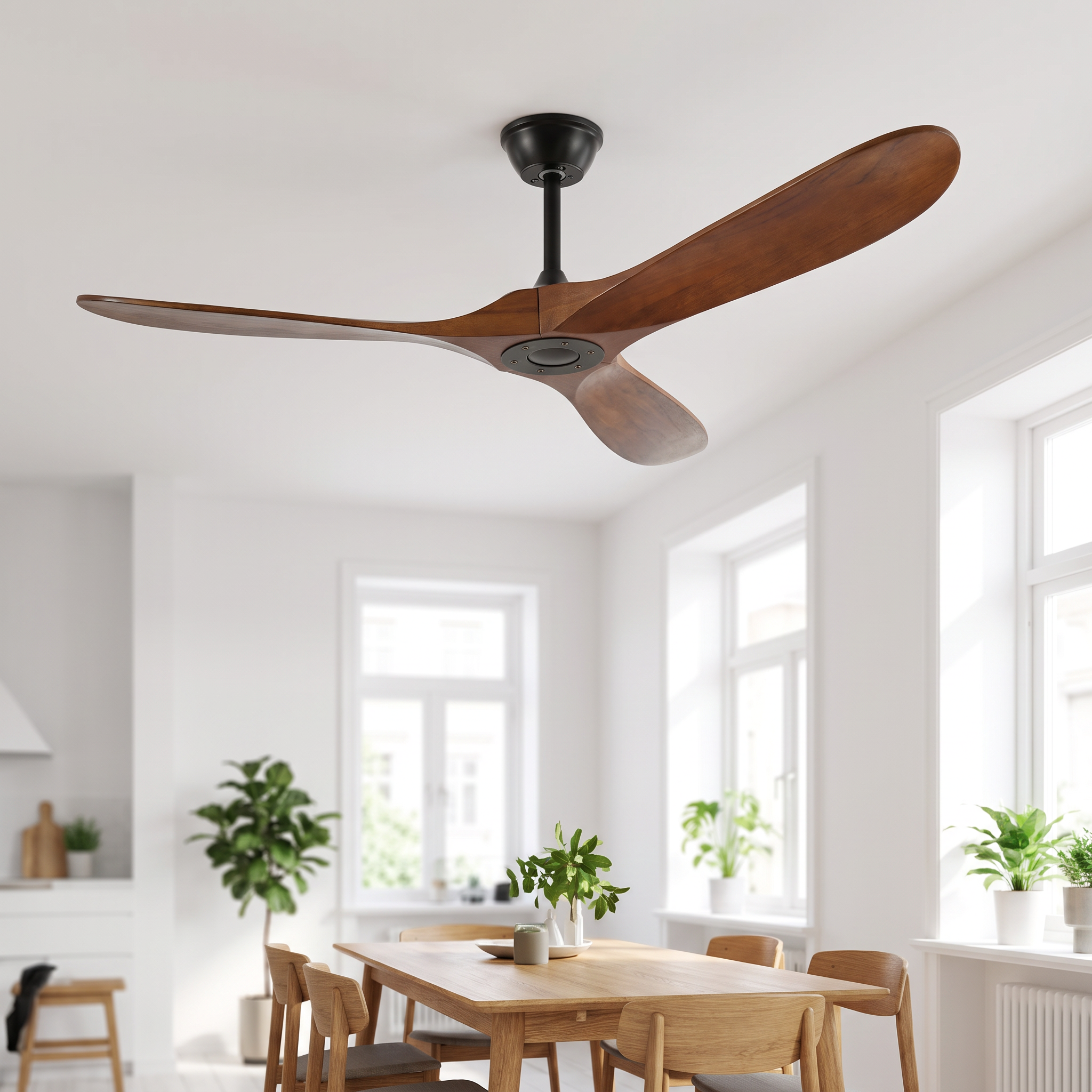 Plafondventilator houten bladen walnoot woonkamer | Sansoti