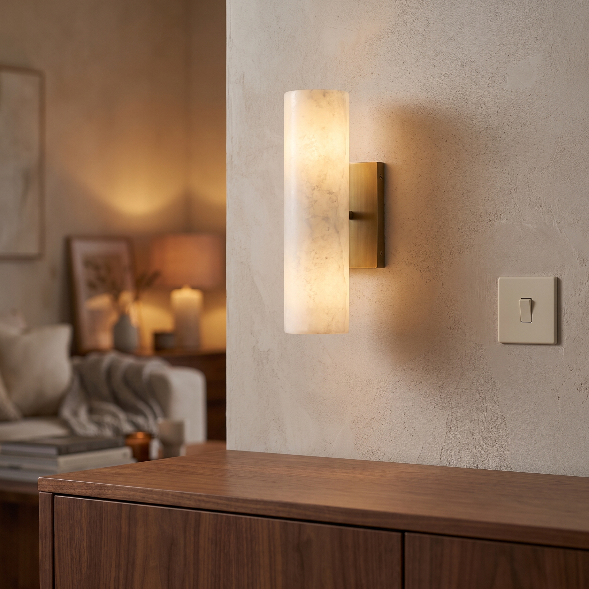 Albast wandlamp messing 33 cm in woonkamer