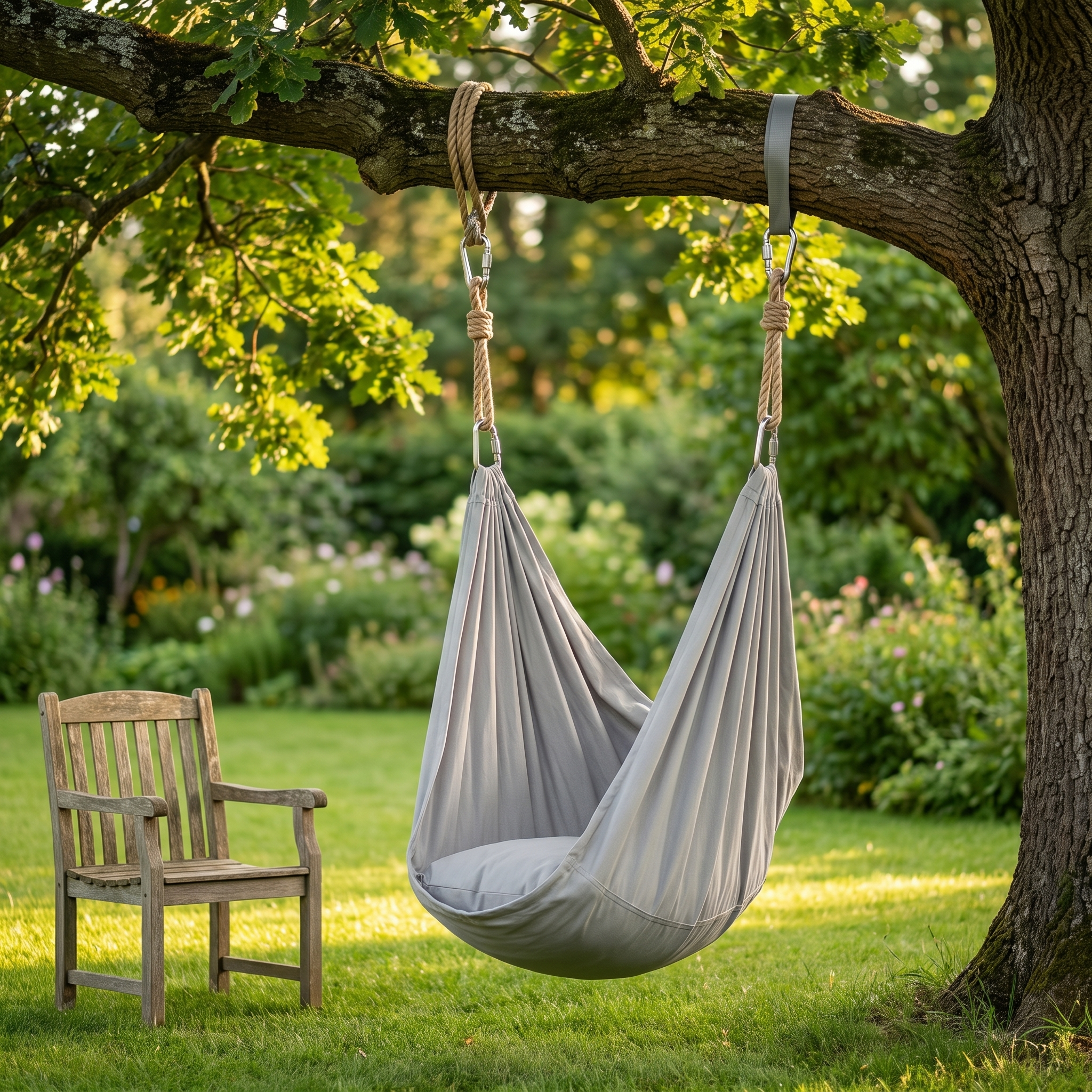 Schommeldoek aan een boom in de tuin