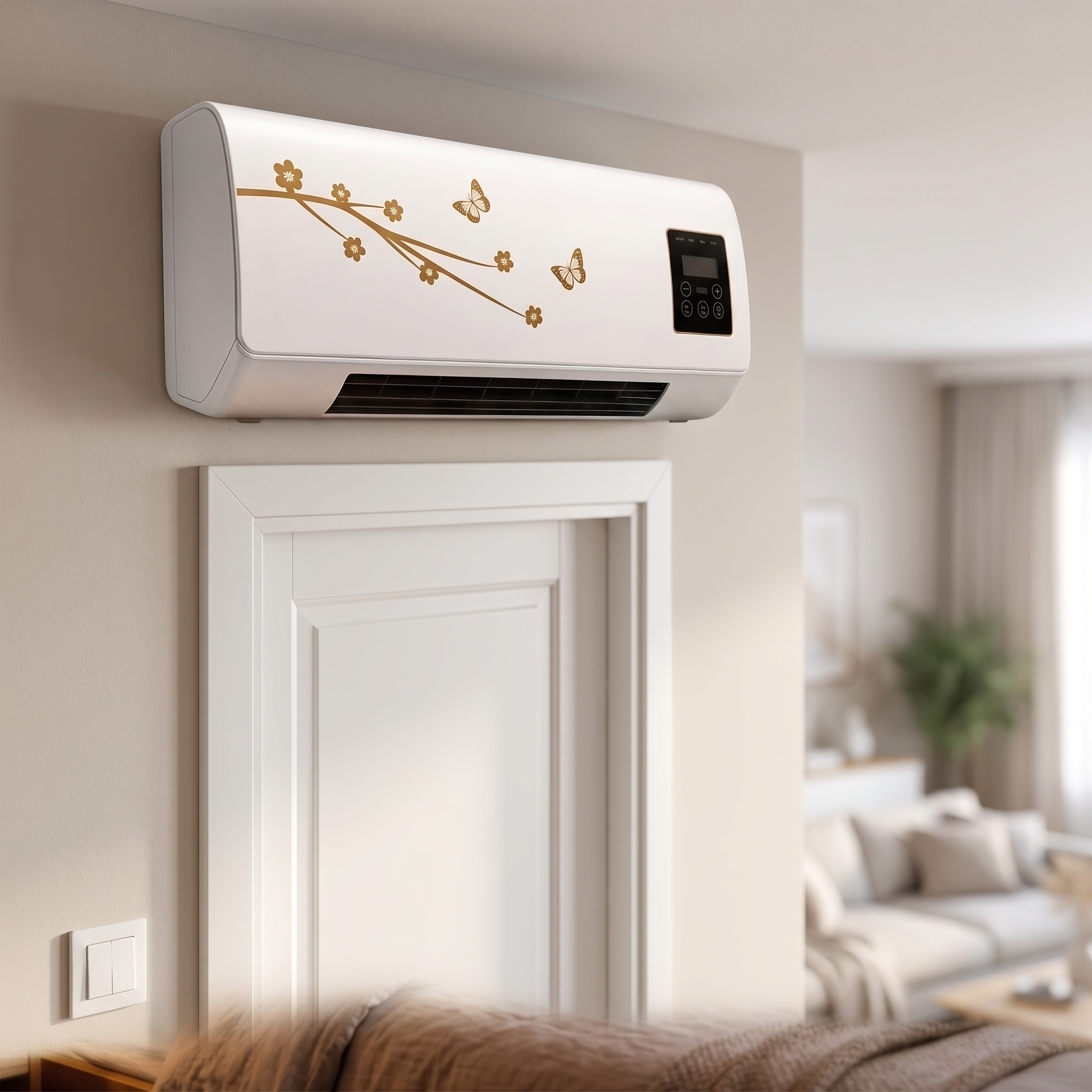Wandkachel met koelfunctie hoog aan de wand in een appartement | Sansoti