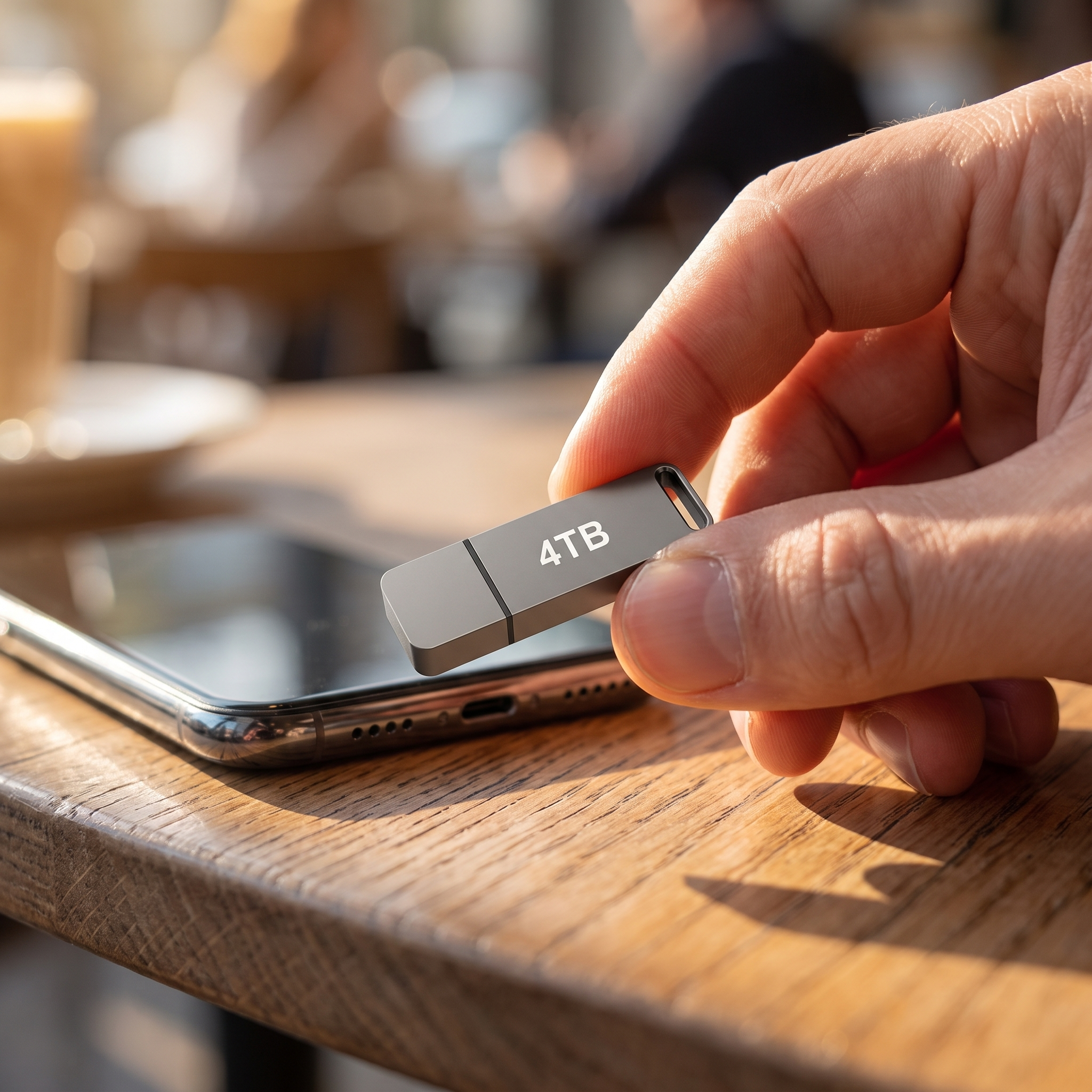 USB stick in de hand naast een smartphone | Sansoti