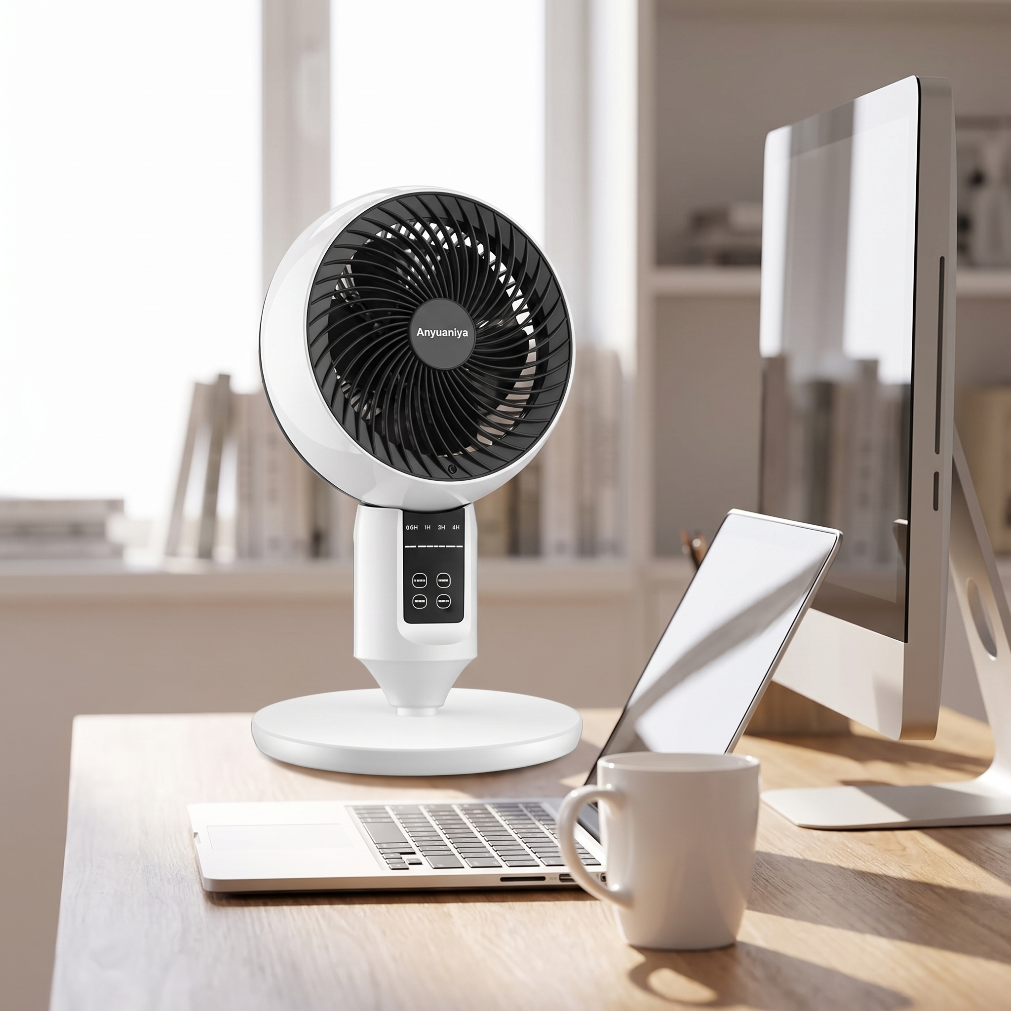 Ventilator op korte stand op het bureau naast een laptop | Sansoti