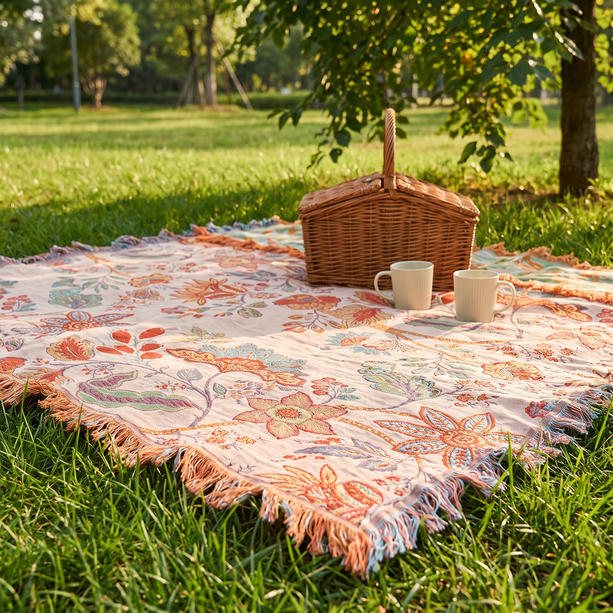 Katoenen picknickkleed op het gras in het park | Sansoti