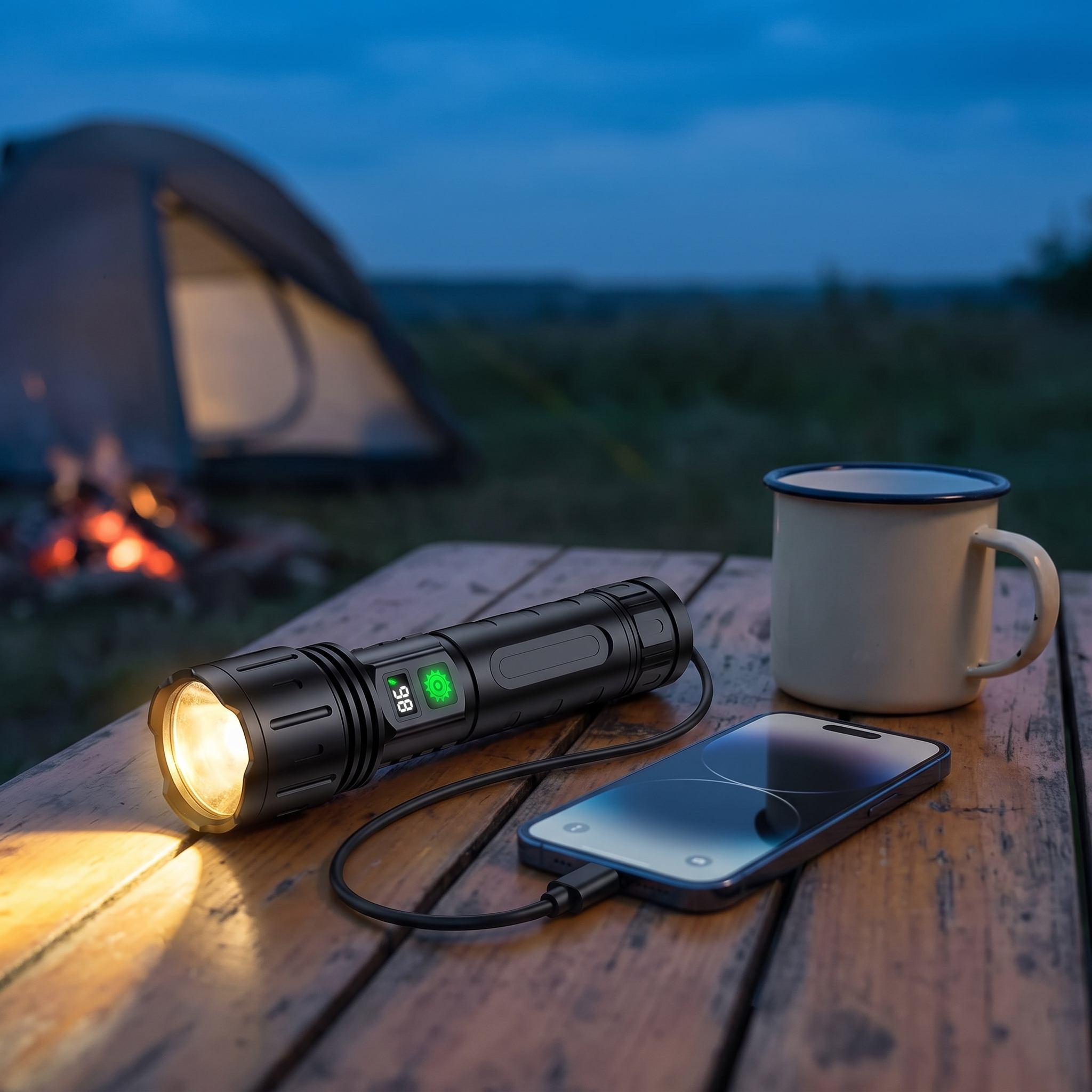Zaklamp met powerbankfunctie op een kampeertafel | Sansoti